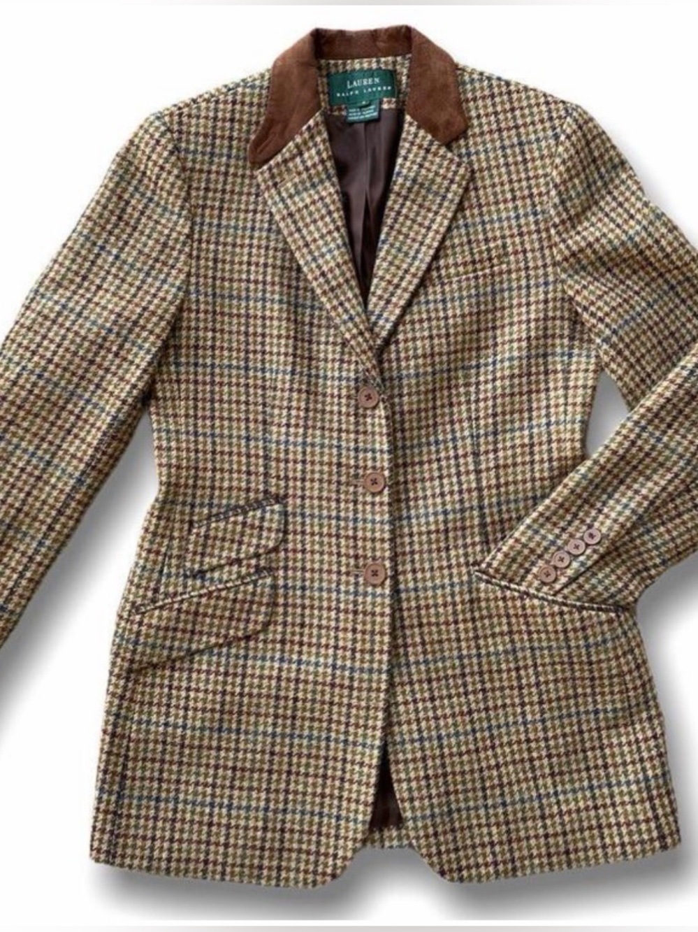 Vintage Lauren Ralph Lauren Brown Wool Equestrian Blazer Plaid Long Fit 14
